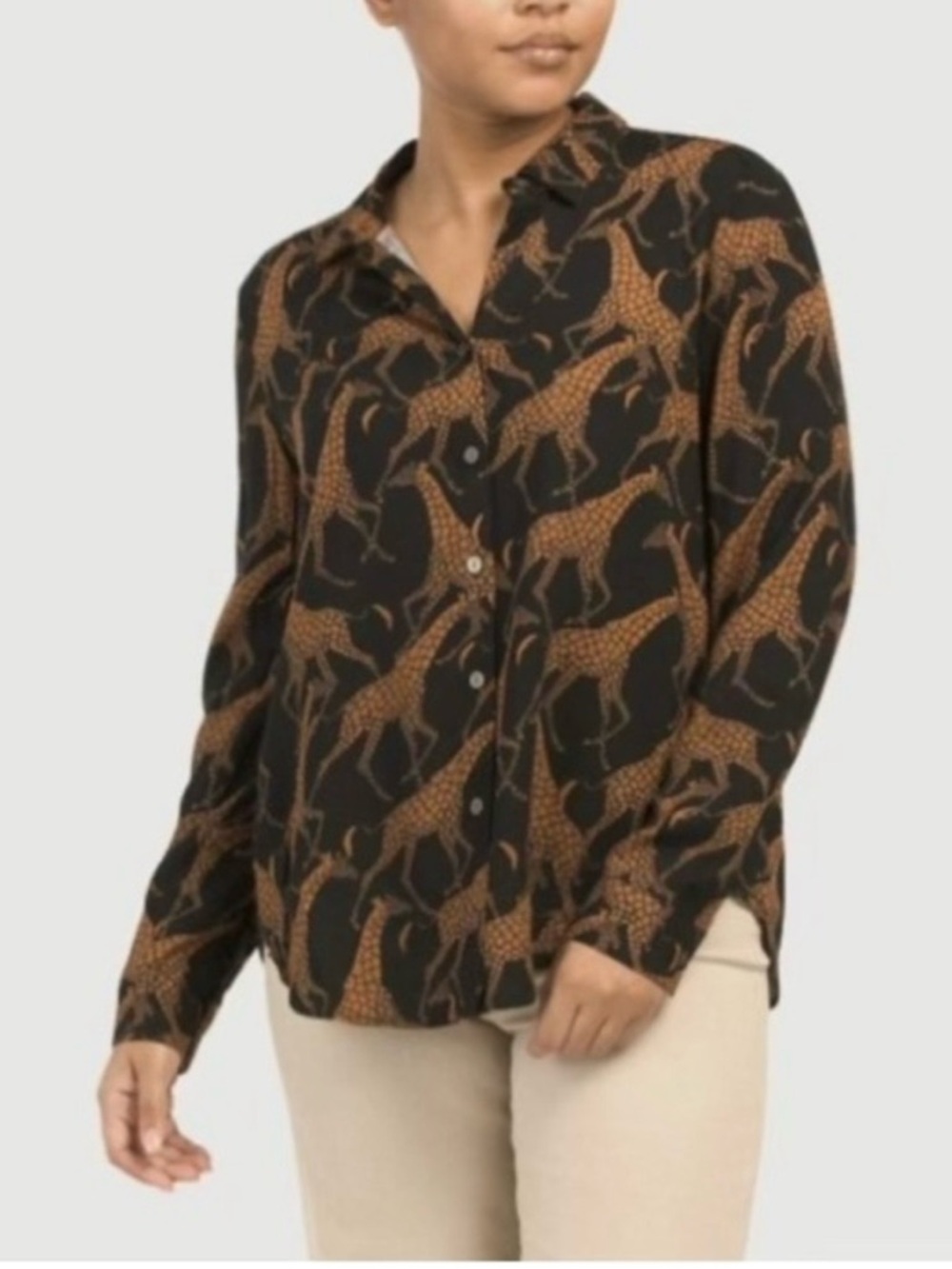Jane & Delancey Black Button-Up Blouse with Brown Giraffe Print size S. Like new